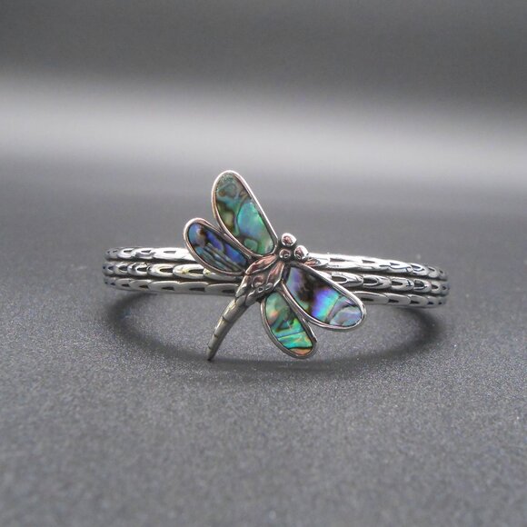 Bracelet, Abalone Shell Dragonfly Cuff in Black Oxidized Stainless Steel, 7.5 in - Picture 2 of 9
